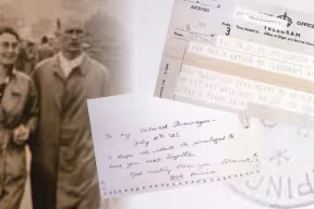 Composite image showing a sepia photograph of May and Frank Watson walking together, overlaid with a 1945 telegram from Frank to May reading “God bless you… hope to see you soon,” and a 1943 handwritten birthday card from May to Frank.