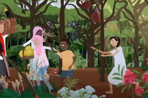 Still from animation of children running in a tropical forest