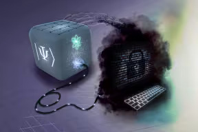 Abstract image showing a cube with icons to represent a quantum computer in the cloud connected by wires to a computer screen showing binary data code with the outline of a padlock superimposed.