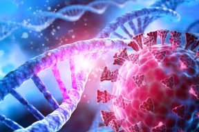 Artistic illustration with a coronavirus particle in the foreground, seen as a sphere covered in spikes. Next to it, a double-helix DNA molecule stretches into the background.
