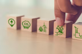 A row of five wooden blocks on a wooden table. The cubes show icons relating to CO2, US dollars and carbon offsetting solutions. A hand reaches down to pick up a cube showing an icon of a hand holding a growing seedling.