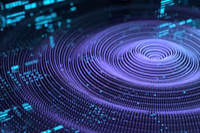 An artistic concept of quantum computing showing spherically-arranged rows of binary 0 and 1 numbers with pulsating ripples across the surface.