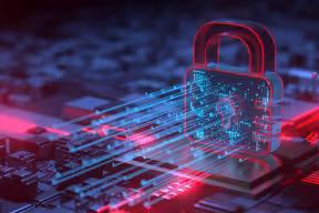 Abstract concept of data privacy. The outline of a padlock is superimposed on lines of binary figures to illustrate the concept of data. 