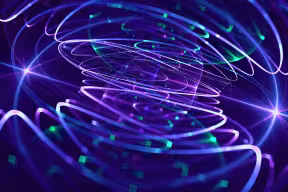Artistic abstract image showing glowing, neon lines curling around each other to give the impression of a spiral vortex, illuminated by two lights in the background.