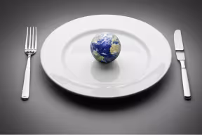 A 3D model of the Earth on a white china plate with a knife and fork either side.