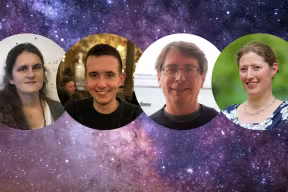 Portrait photographs of Suzanne Aigrain (white lady with long brown hair), Deaglan Bartlett (white man with short brown hair), Andrew Bunker (white man with wavy brown hair and glasses), and Paula Koelemeijer (white woman with brown hair tied back).