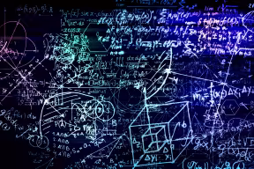 3D rendering of mathematical formulas against a black background, like chalk writing on a blackboard. 