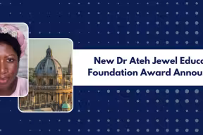 An image of Dr Ateh Jewel and mortar board or square caps tossed into the air as a celebration of the attained degree