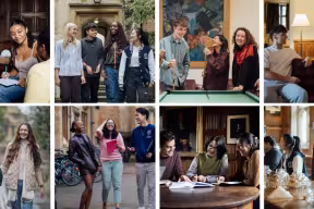 A collage of images of students in tutorials, in JCRS, in hall and in their colleges.