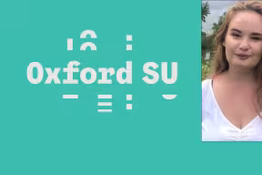 The Oxford SU logo, alongside a photo of Hannah, standing outside, wearing a white top. She has long blonde hair.