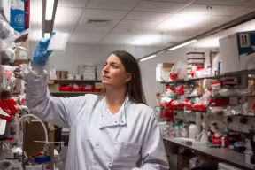 Oxford coronavirus vaccine researcher Katie Ewer inspects samples in the lab