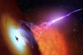 Artist’s rendering of a black hole emitting a jet of hot gas known as plasma. The black hole appears as a luminous spiral-shaped disc with a black sphere at the centre.