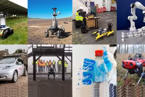 A composite image showing five autonomous rover-like small robots, an autonomous car, a robotic hand gripping a bottle, and a large robotic arm.