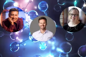 Portrait photograph of Professor Saiful Islam, a man of Asian descent. Portrait photograph of Professor Mauro Pasta, a white man with short brown hair. Professor Kylie Vincent, a white woman with long brown hair. Background image of chemical structures.