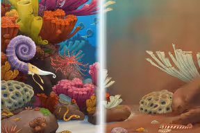 Artistic image of an underwater scene. The left panel shows a vibrant scene with corals and animals such as ammonites swimming; the right panel is almost completely devoid of life.