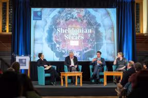 Left to right: Vice-Chancellor Professor Irene Tracey; Professor Sir Nigel Shadbolt; Reverend Canon Professor Luke Bretherton; and Professor Jayne Birkby pictured on stage during the audience Q&A session