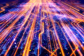 Technology concept with a circuit board background overlaid by glowing lines.