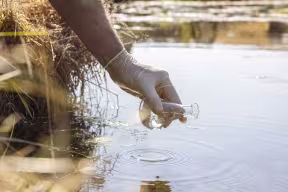 A person’s hand wearing a latex glove and holding a clear glass conical flask reaches down from a riverbank towards the surface of a river. 