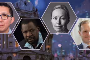 A composite image of Professor Jin-Chong Tan, Professor Shadreck Chirikure, Professor Véronique Gouverneur, and Professor Vili Lehdonvirta. In the background is the Radcliffe Camera (an ornate, domes, circular building) against a sky with confetti raining