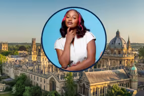 An image of DJ Cuppy against a blue background, interposed on a background of the Oxford skyline