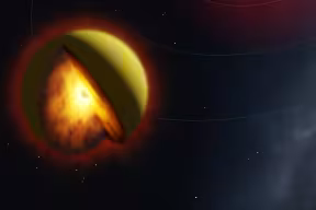 Artistic illustration showing a yellow planet illuminated by an out-of-shot sun, with a cut away revealing a core of glowing magma.