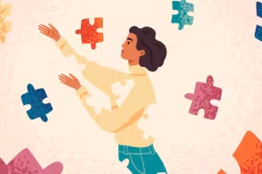 Artist's image depicting a young woman surrounded by the jigsaw pieces of good mental health and mindfulness