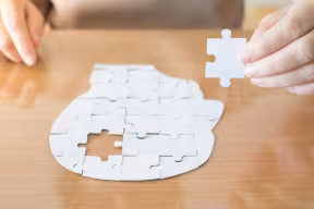 Woman's hands doing a puzzle of the human head