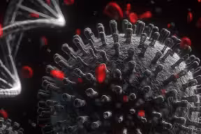 Artist's impression of coronavirus with DNA strands and blood cell antibodies