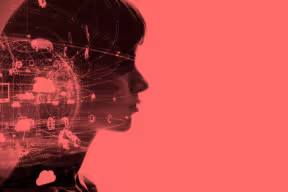 Image of a woman's profile and some graphics suggesting innovation
