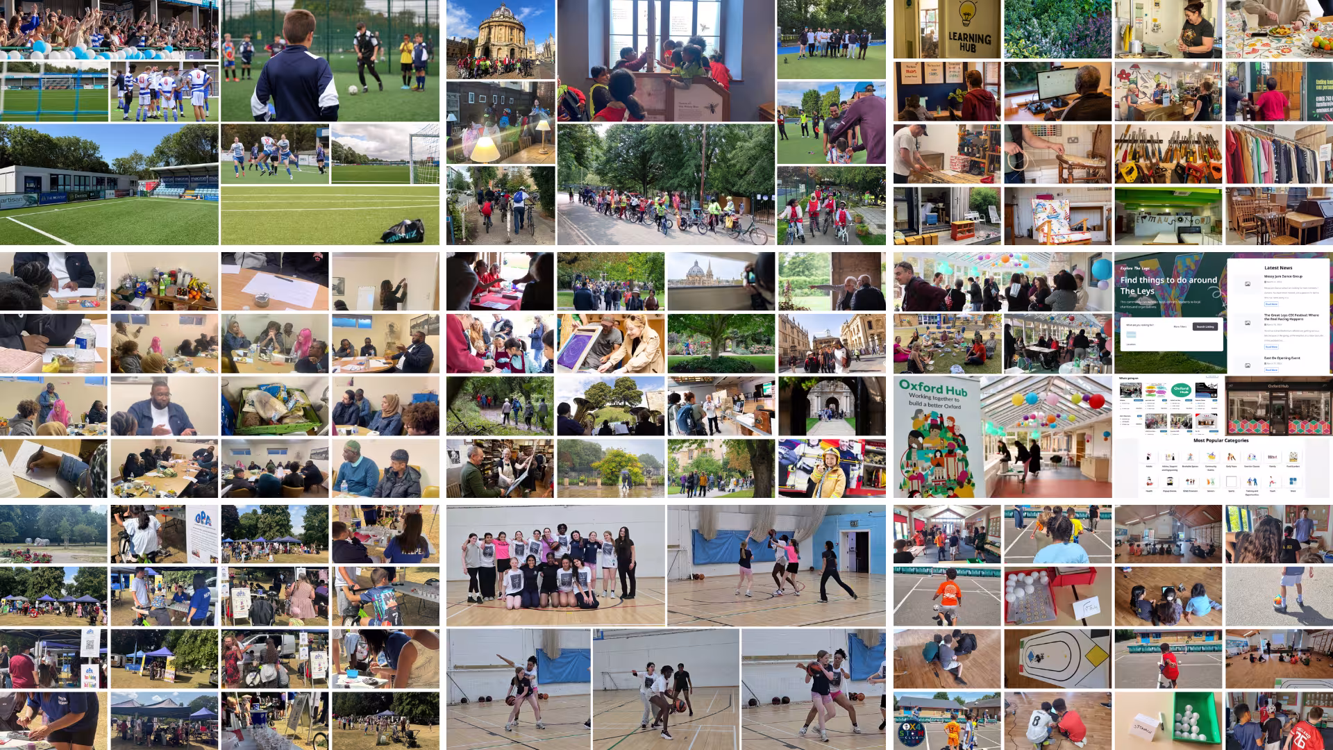 Collage of Community Partnership Fund projects, showing community activities across Oxford including sport, learning, arts and crafts, volunteering, events and collaborative projects.