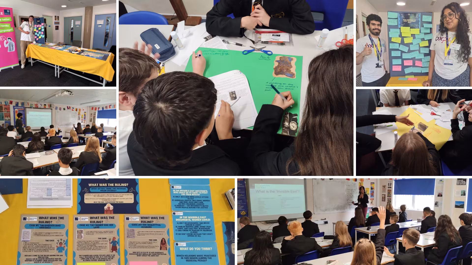 Photo collage showing Invisible East's school outreach activities, including researchers presenting to secondary school pupils, students working together on historical source materials, creating colourful posters and participating in classroom discussions.