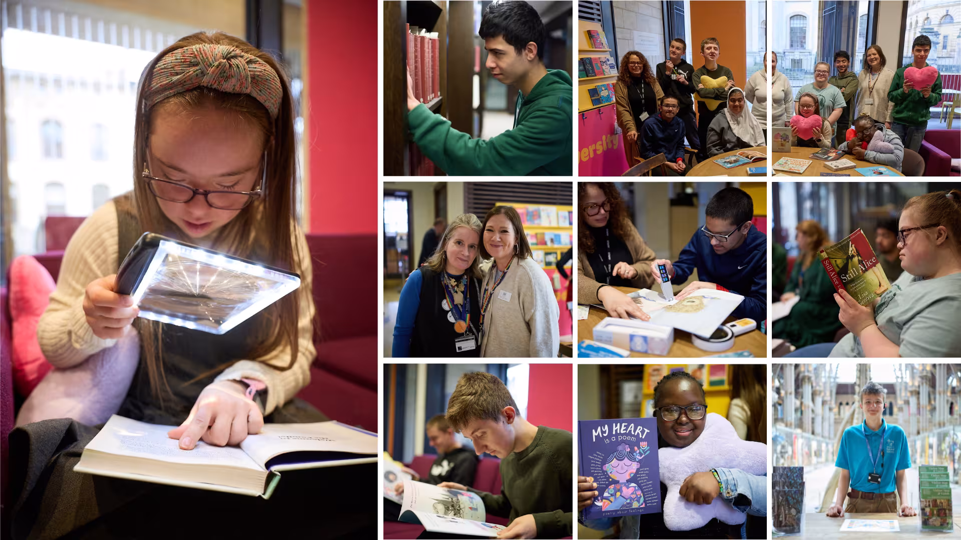 Photo collage showing Iffley Academy students at the Weston Library. A student uses an illuminated magnifier to read a book, while smaller photographs show students browsing shelves, exploring books, using assistive reading technology and participating in group activities with staff.